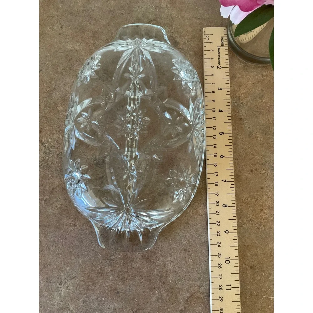 Vintage Clear Pressed Glass Divided Relish Dish Starburst Oval Serving Tray 9.5